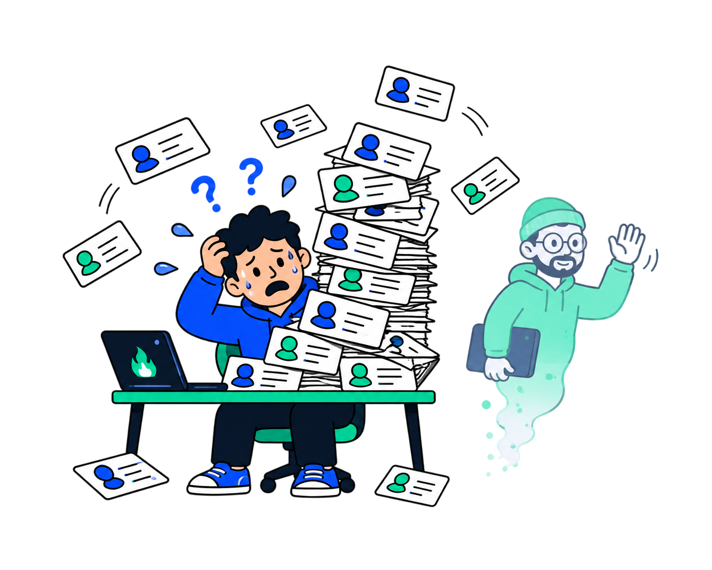 An overwhelmed founder buried in resumes while a freelancer ghosts away